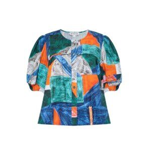 Hunter Bell Leanna Blouse Top Shirt Womens XL Blue Orange Puff Sleeve Cotton